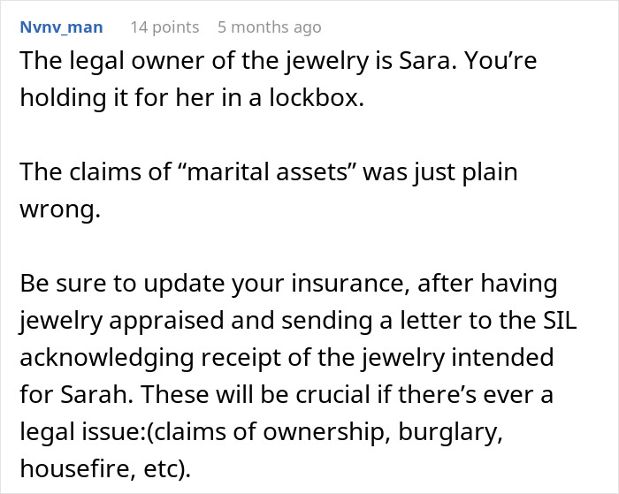 Discussion about jewelry ownership and legal advice regarding marital assets and insurance. Discussion about jewelry ownership and legal advice regarding marital assets and insurance.