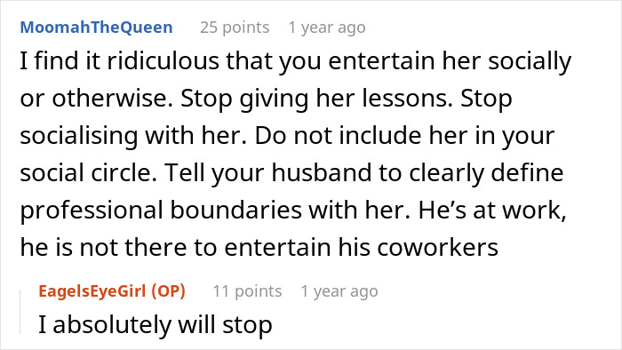 Text conversation discussing boundaries with husband's coworker and gifts, with one agreeing to stop interactions. Text conversation discussing boundaries with husband's coworker and gifts, with one agreeing to stop interactions.