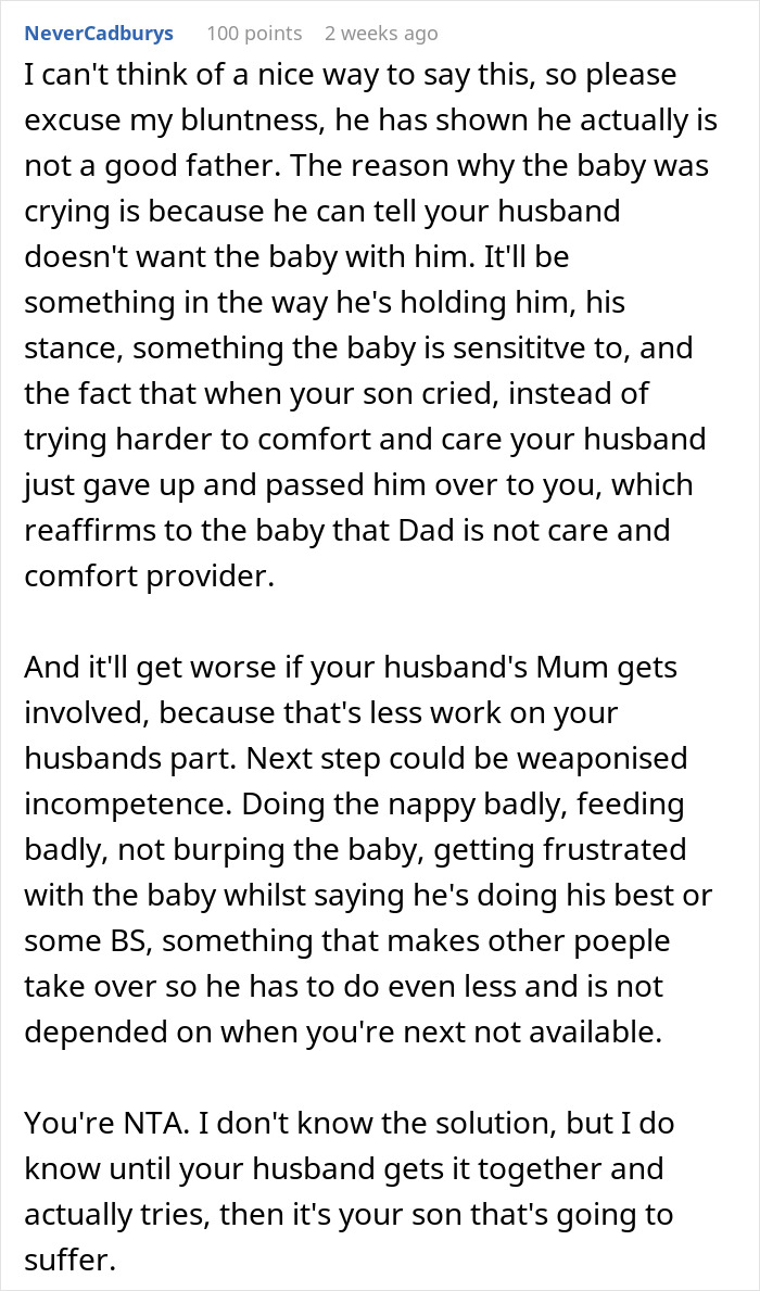 Text discussion about wife coddling husband, parenting challenges, and infant care responsibilities.