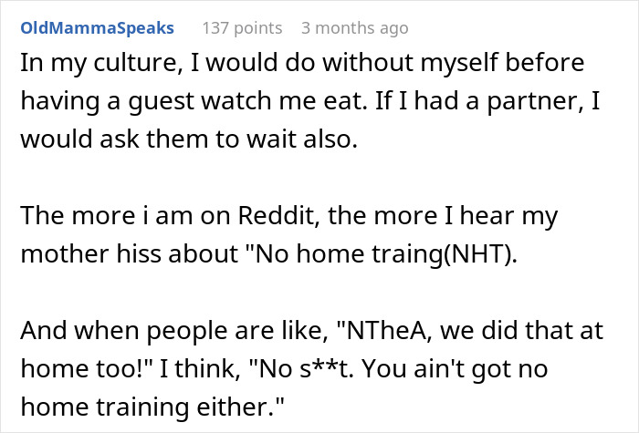 Text discussing cultural etiquette about eating in front of guests and home training perspectives.