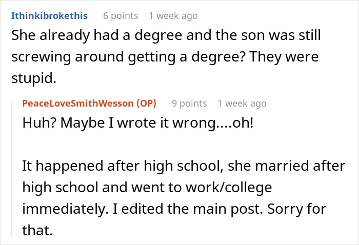 Comments discussing a degree, with a user clarifying a timeline related to nursing and engineering degrees.