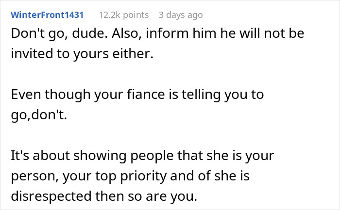 Online comment discussing dropping out of a friend's wedding due to disrespect towards the fiancée. Online comment discussing dropping out of a friend's wedding due to disrespect towards the fiancée.