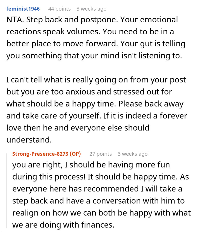 Reddit comments discussing wedding budget and emotional stress, with users advising a couple to communicate about finances. Reddit comments discussing wedding budget and emotional stress, with users advising a couple to communicate about finances.