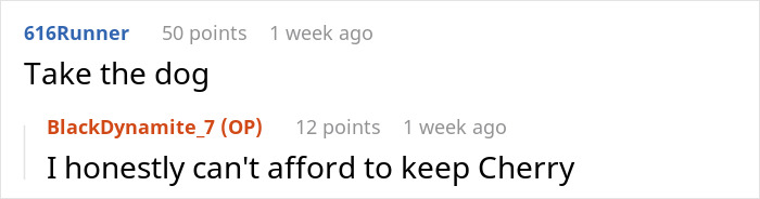 Comment exchange about pet sitting, referencing difficulty in affording vet care for a dog named Cherry.