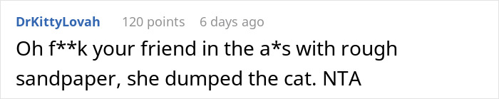 Comment criticizes someone for dumping her cat on the street, labeling her actions negatively.