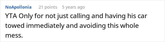 Comment about an entitled neighbor parking in someone's driveway, suggesting immediate towing. Comment about an entitled neighbor parking in someone's driveway, suggesting immediate towing.