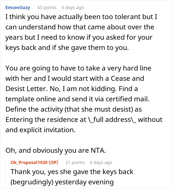 Online forum discussion about a mom entering her daughter's home without permission. Online forum discussion about a mom entering her daughter's home without permission.