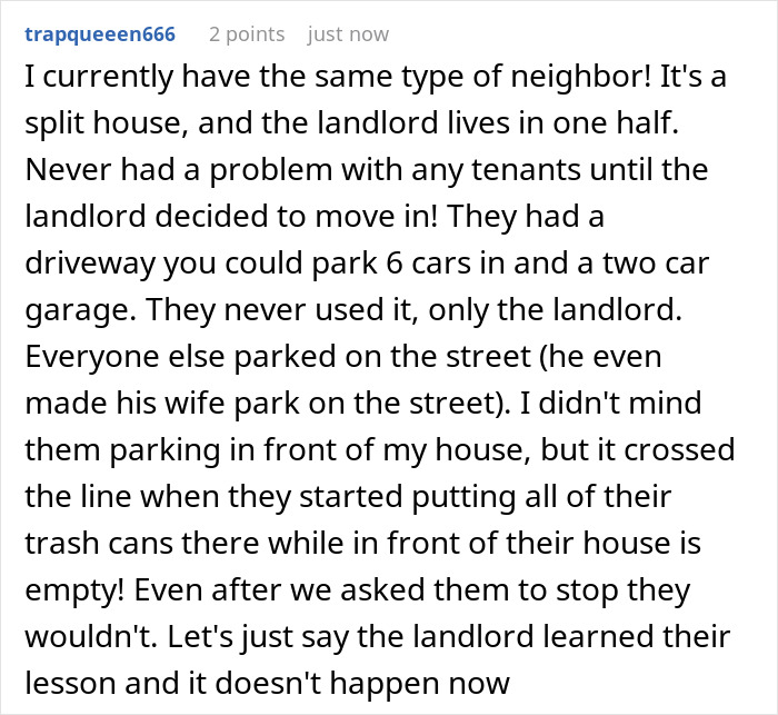 Text describing neighbor's parking habits and resulting issues.