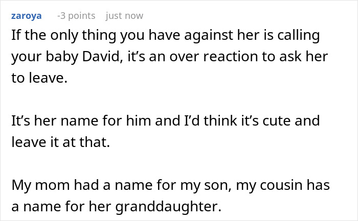Comment discussing MIL renaming grandson, calling it an overreaction to ask her to leave.