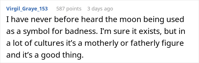 User comment discussing cultural symbolism of the moon in relation to bad luck.