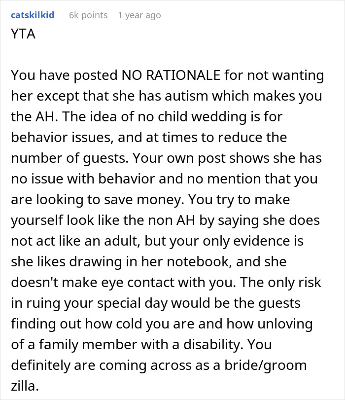 Text screenshot discussing criticism of a child-free wedding excluding an autistic cousin. Text screenshot discussing criticism of a child-free wedding excluding an autistic cousin.