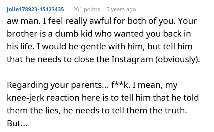 Reddit comment discussing family issues and Instagram related to proving a brother's relationship status.