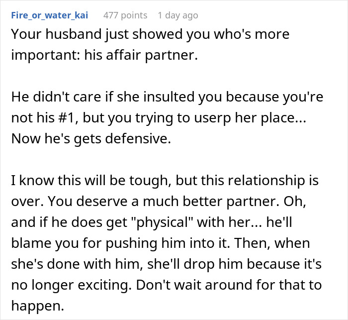 Text screenshot discussing a husband's affair and advice on ending the relationship, referencing a "work wife.