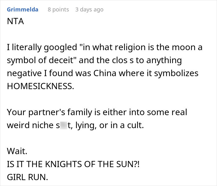 Reddit comment discussing moon symbolism, deceit, and cultural beliefs, questioning a family's motives.
