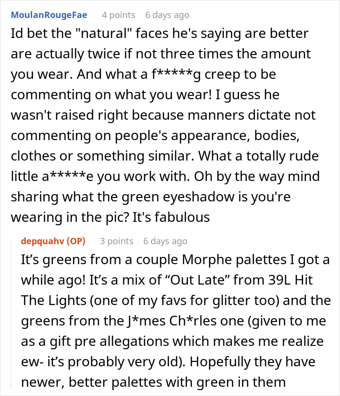 Text exchange about a woman's coworker's audacity, discussing makeup and eyeshadow brands. Text exchange about a woman's coworker's audacity, discussing makeup and eyeshadow brands.