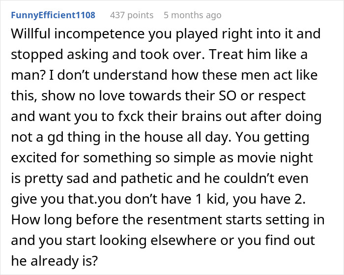 Reddit comment discussing neglecting chores and relationship resentment.