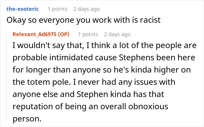 Racist man in online comment discussion about coworker and workplace issues. Racist man in online comment discussion about coworker and workplace issues.
