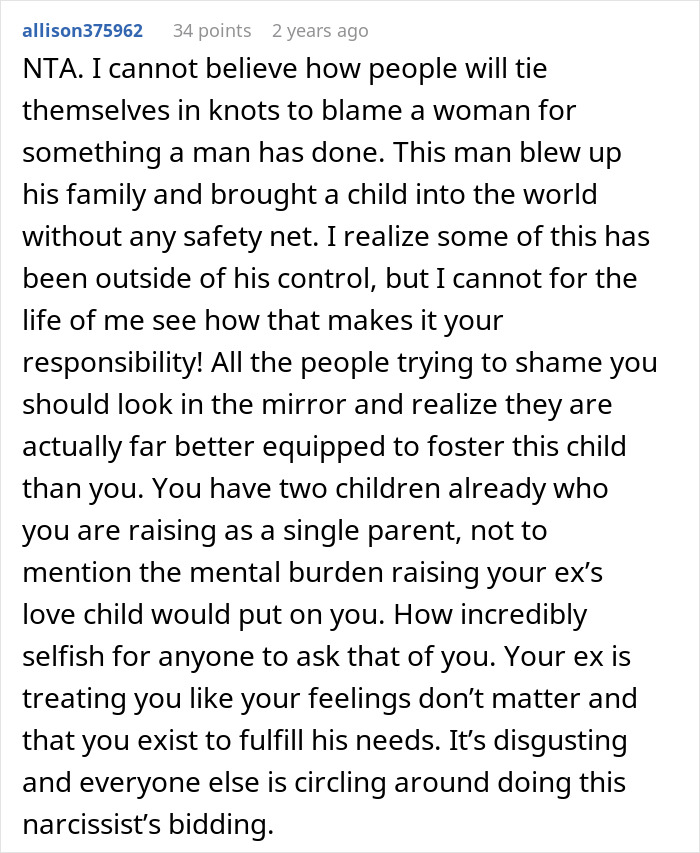 Text conversation discussing woman, ex's affair child, and unfair blame. Text conversation discussing woman, ex's affair child, and unfair blame.
