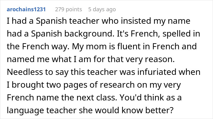 Text post about a student's revenge on a teacher for mispronouncing their French name.