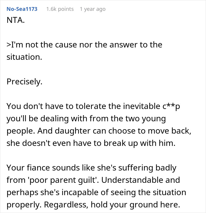Reddit comment on refusing request from daughter who moved out to live with boyfriend.