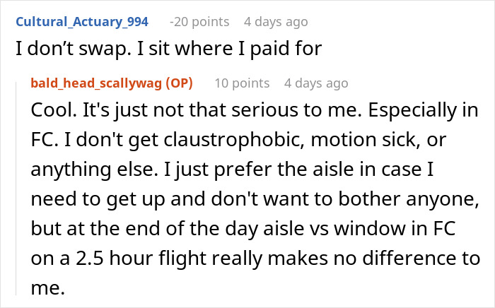 Reddit comments discussing seat preferences on a flight, mentioning reluctance to swap seats. Reddit comments discussing seat preferences on a flight, mentioning reluctance to swap seats.