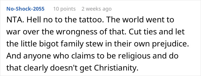 Online comment criticizing an offensive tattoo, emphasizing religious hypocrisy and bigotry. Online comment criticizing an offensive tattoo, emphasizing religious hypocrisy and bigotry.