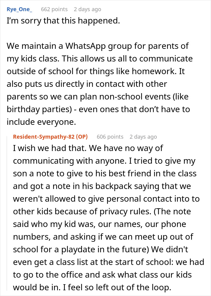 Text exchange about a kid's party with a parent feeling left out due to lack of RSVPs and no communication options.