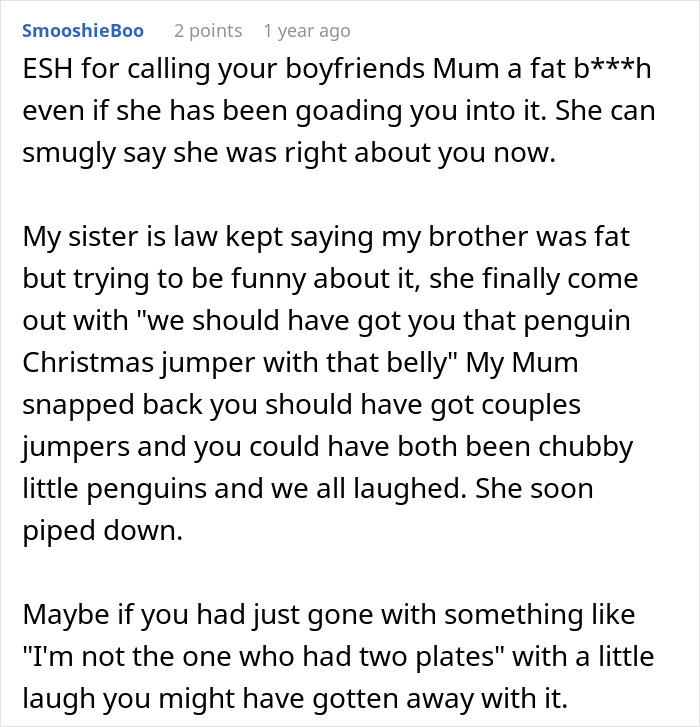 Comment discussing calling boyfriend's mom a name, with a suggestion to handle it differently. Comment discussing calling boyfriend's mom a name, with a suggestion to handle it differently.