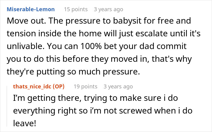 Comments discussing pressure on daughter to babysit without being asked.