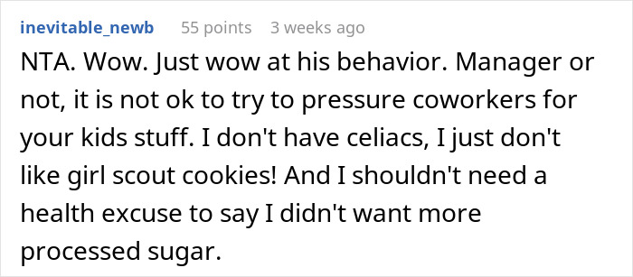 Text discussing manager being pressured to buy cookies despite gluten issues. Text discussing manager being pressured to buy cookies despite gluten issues.