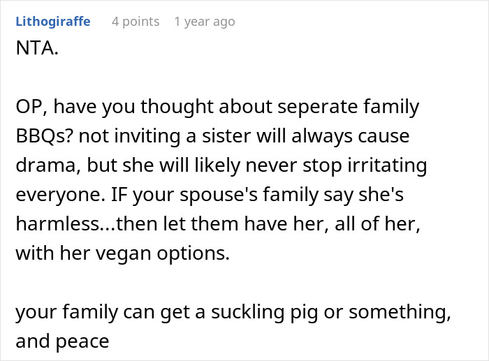 Reddit comment discussing vegan sister-in-law and family barbeque conflicts. Reddit comment discussing vegan sister-in-law and family barbeque conflicts.