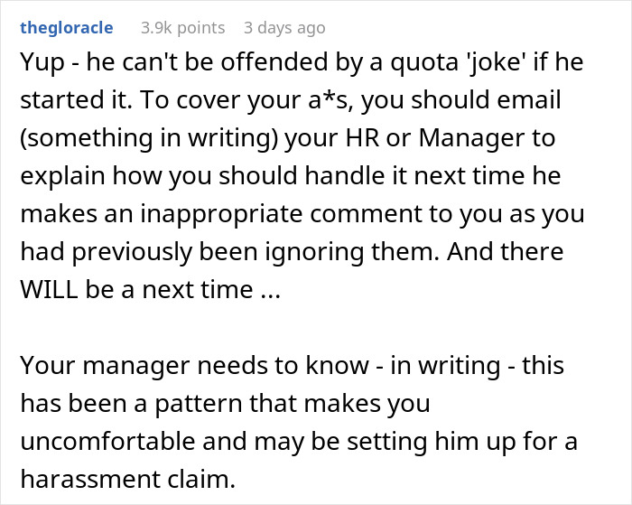 Comment advising coworker on addressing racist man to HR for harassment pattern. Comment advising coworker on addressing racist man to HR for harassment pattern.