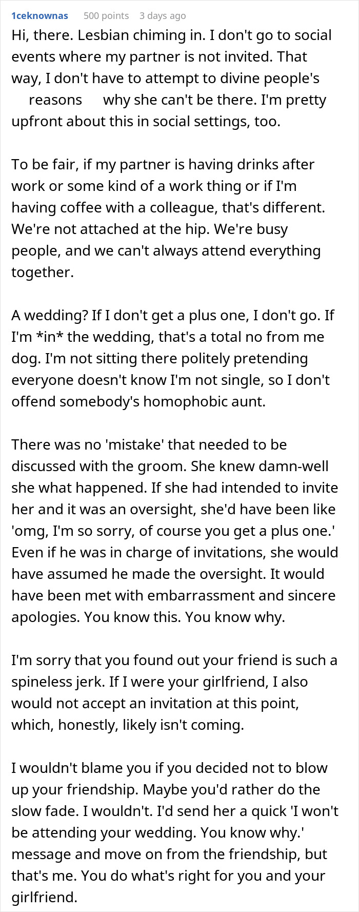 Gay woman seeking advice on being denied plus-one to best friend's wedding. Gay woman seeking advice on being denied plus-one to best friend's wedding.
