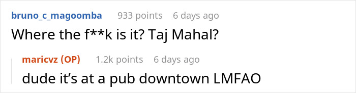 Reddit conversation about a lady's birthday celebration cost, questioning the location.