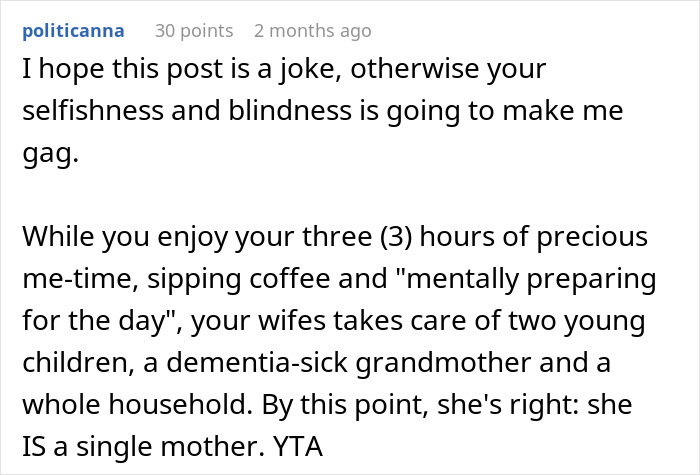 Screenshot of a critical comment discussing a husband's daily me-time, highlighting selfishness and family responsibilities.