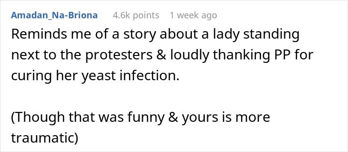Comment about thanking Planned Parenthood, mentioning protesters and a yeast infection.
