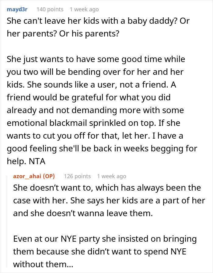 Text exchange discussing a single mom's reluctance to leave her kids for a child-free vacation.