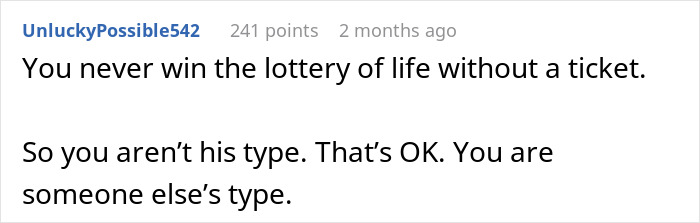 Reddit comment about not winning life's lottery without trying, related to asking out a Zoomer friend.