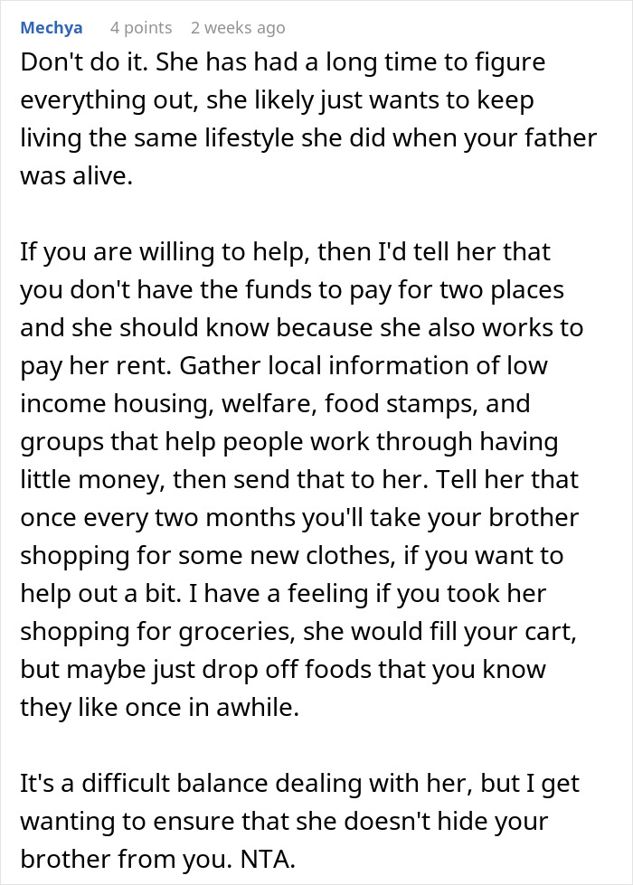 Comment offering advice on helping dad&rsquo;s ex-wife and son with rent, discussing financial balance and support options.
