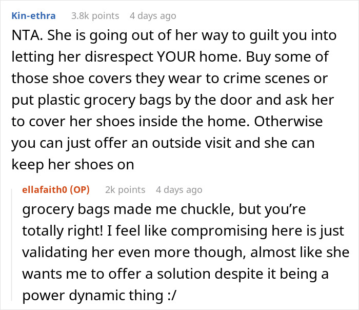 Reddit comment discussing son's girlfriend's house rule, suggesting plastic bags for shoes inside to respect home.