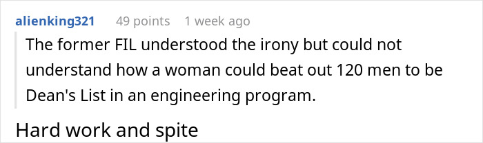 Reddit comment about a woman excelling in engineering to spite her father-in-law who called nursing easy.