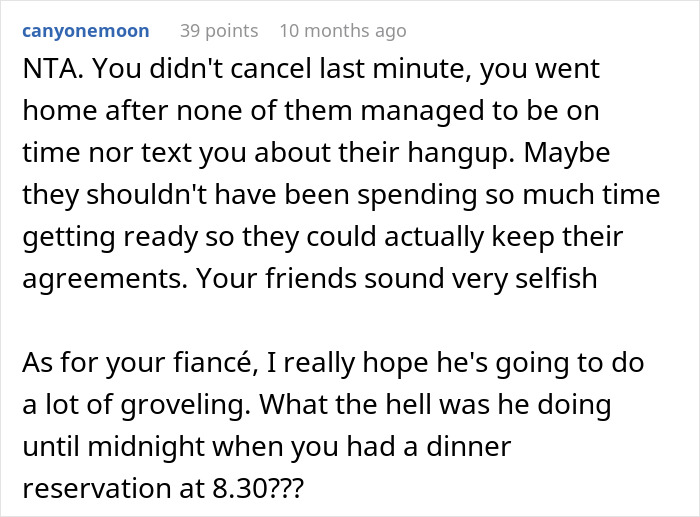 Online comment discussing a woman's experience being bullied by friends and family for canceling her birthday dinner.