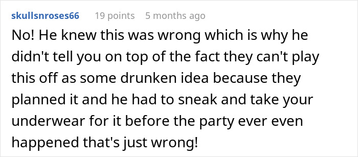 Comment discussing a husband's coworkers' game and deceptive actions, highlighting wrongdoing.