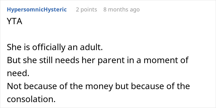 Reddit comment discussing a parent refusing to pick up an anxious daughter after a road trip. Reddit comment discussing a parent refusing to pick up an anxious daughter after a road trip.