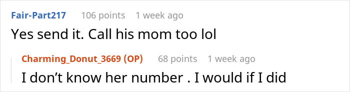 Two online comments discussing contacting a roommate's mom, related to stealing rent money. Two online comments discussing contacting a roommate's mom, related to stealing rent money.