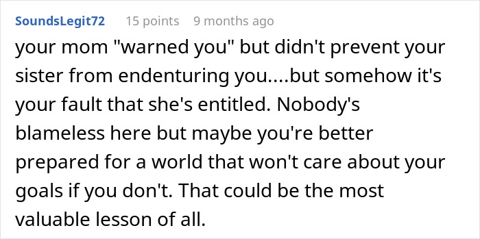 A Reddit comment discussing a teen prioritizing her future over babysitting her sister's kids.