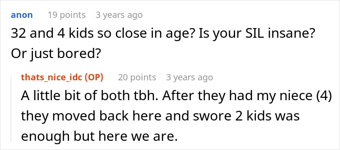 Online discussion about babysitting and family planning decisions.