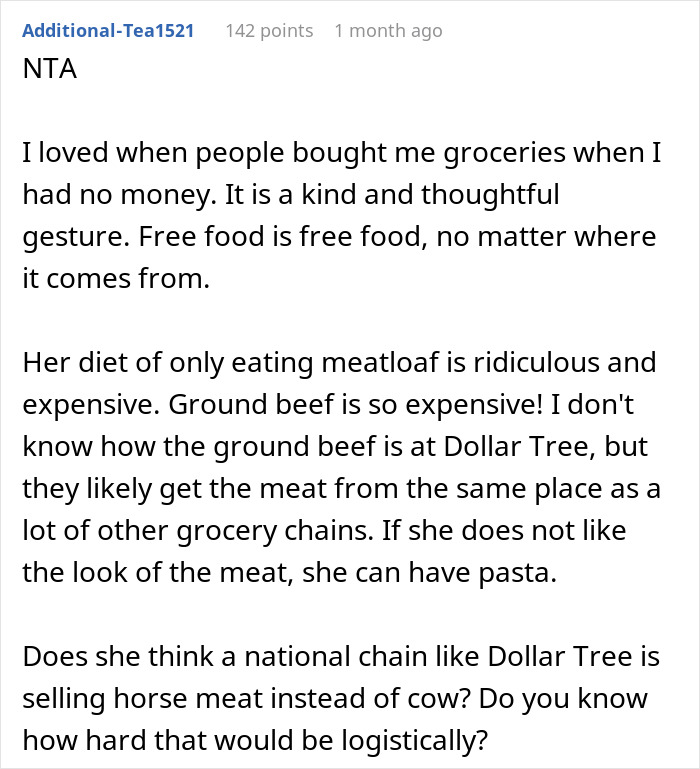 Reddit post discussing groceries from Dollar Tree and the cost of meatloaf ingredients.