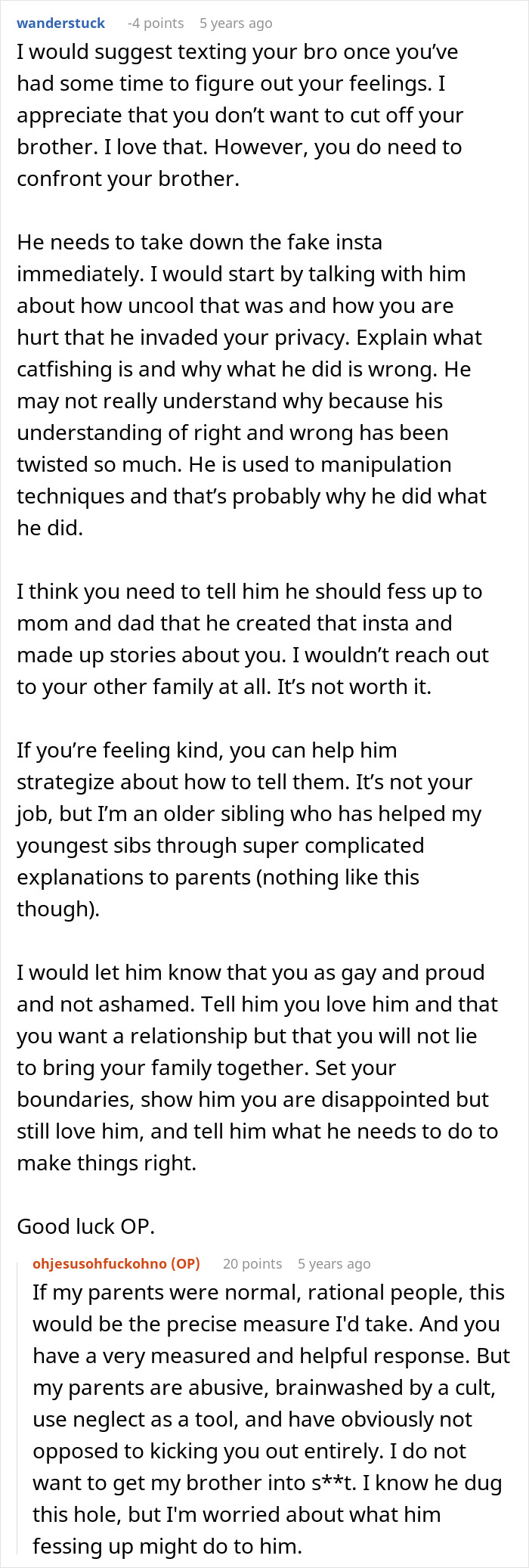 Reddit comment discussing fake account creation to prove brother's sexuality to religious parents.