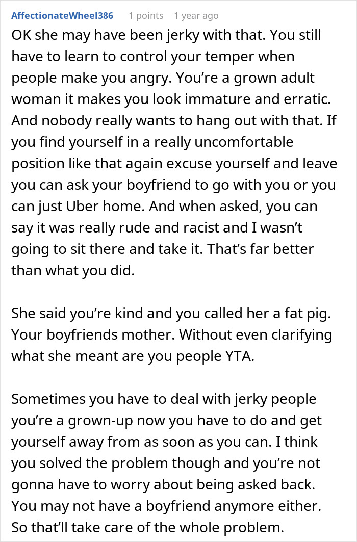 Reddit comment discussing boyfriend's mom being called fat, addressing conflict and behavior management. Reddit comment discussing boyfriend's mom being called fat, addressing conflict and behavior management.